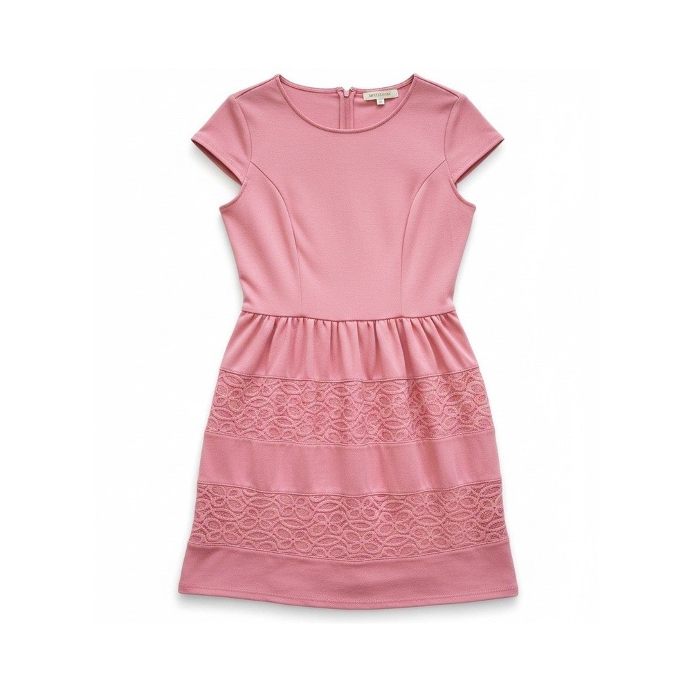 LC Lauren Conrad Pink Lace Detail Fit & Flare Dress Short Sleeve Crew Neck Sz 12